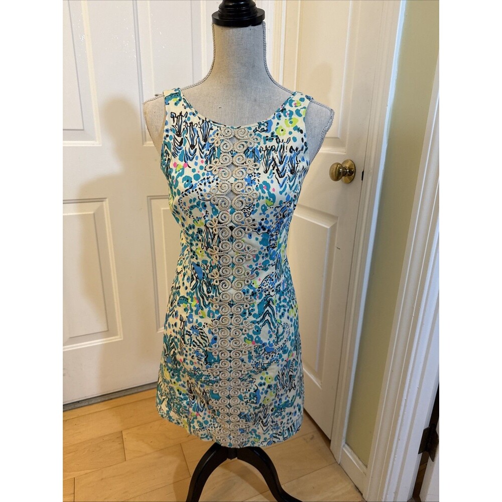 LOVELY IN LILLY Lilly Pulitzer Aqua Print Cotton Safari Dress Womenโs Size 2